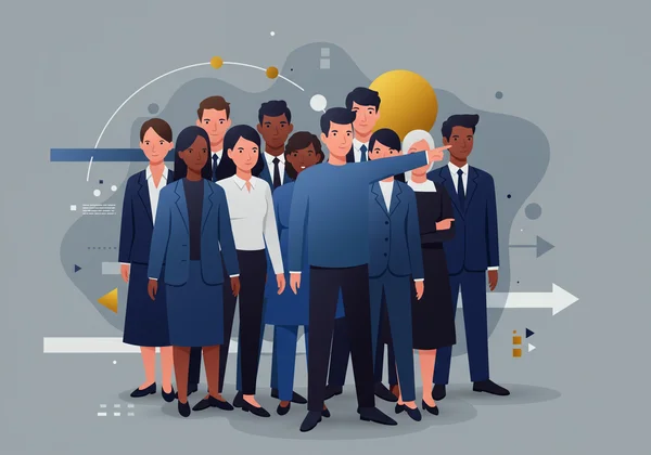 A person confidently leading a diverse team through a challenge.