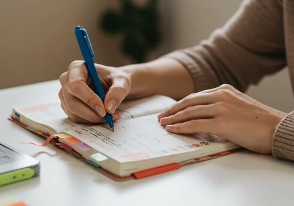 Person using a colorful planner for improved focus