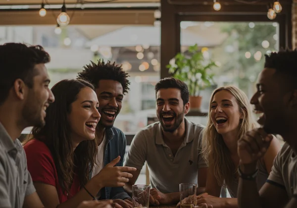 Joyful group of friends in a vibrant social setting