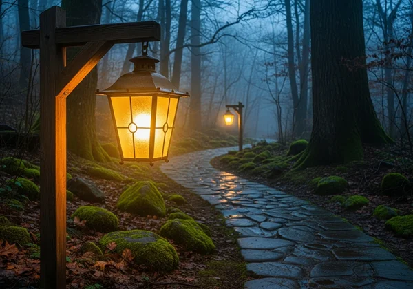 Warm lantern lighting the path